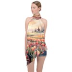 Tulips Field Tree Halter Asymmetric Satin Top