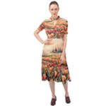 Tulips Field Tree Keyhole Neckline Chiffon Dress