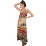 Tulips Field Tree V-Neck Chiffon Maxi Dress