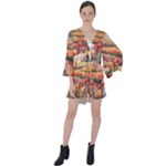 Tulips Field Tree V-Neck Flare Sleeve Mini Dress