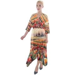 Quarter Sleeve Wrap Front Maxi Dress 