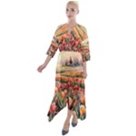 Tulips Field Tree Quarter Sleeve Wrap Front Maxi Dress