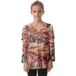 Tulips Field Tree Kids  V Neck Casual Top