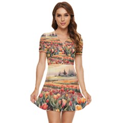 V-Neck High Waist Chiffon Mini Dress 