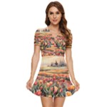 Tulips Field Tree V-Neck High Waist Chiffon Mini Dress