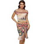 Tulips Field Tree Off Shoulder Ruffle Split Hem Bodycon Dress