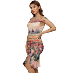 Off Shoulder Ruffle Split Hem Bodycon Dress 