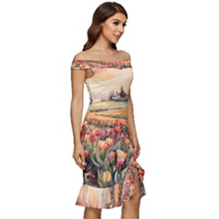 Off Shoulder Ruffle Split Hem Bodycon Dress 