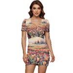 Tulips Field Tree Low Cut Cap Sleeve Mini Dress