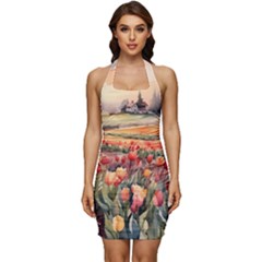 Sleeveless Wide Square Neckline Ruched Bodycon Dress 