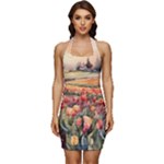 Tulips Field Tree Sleeveless Wide Square Neckline Ruched Bodycon Dress