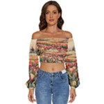 Tulips Field Tree Long Sleeve Crinkled Weave Crop Top