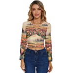 Tulips Field Tree Long Sleeve V-Neck Top