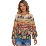 Tulips Field Tree Women s Long Sleeve Button Up Shirt