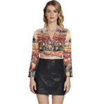 Tulips Field Tree Long Sleeve Tie Back Satin Wrap Top