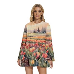 Round Neck Long Sleeve Bohemian Style Chiffon Mini Dress 