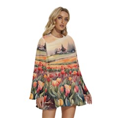 Round Neck Long Sleeve Bohemian Style Chiffon Mini Dress 