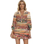 Tulips Field Tree V-Neck Placket Mini Dress