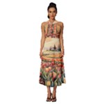 Tulips Field Tree Sleeveless Cross Front Cocktail Midi Chiffon Dress