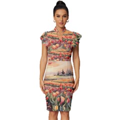 Vintage Frill Sleeve V-Neck Bodycon Dress 
