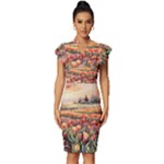 Tulips Field Tree Vintage Frill Sleeve V-Neck Bodycon Dress