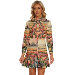 Women s Long Sleeve Bow Deco Button Up Dress 