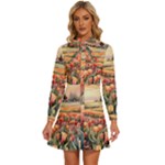 Tulips Field Tree Women s Long Sleeve Bow Deco Button Up Dress