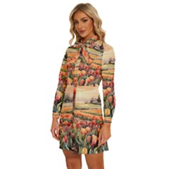 Women s Long Sleeve Bow Deco Button Up Dress 