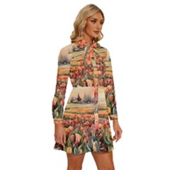 Women s Long Sleeve Bow Deco Button Up Dress 