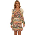 Tulips Field Tree Long Sleeve Waist Tie Ruffle Velvet Dress
