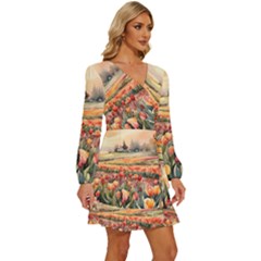 Long Sleeve Waist Tie Ruffle Velvet Dress 