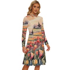 Long Sleeve Shirt Collar A-Line Dress 