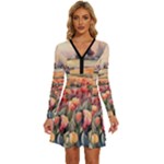 Tulips Field Tree Long Sleeve Deep V Mini Dress 