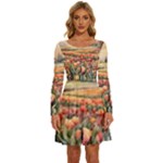 Tulips Field Tree Long Sleeve Wide Neck Velvet Dress