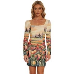 Long Sleeve Square Neck Bodycon Velvet Dress 