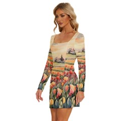 Long Sleeve Square Neck Bodycon Velvet Dress 