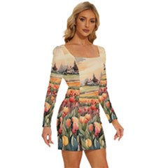 Long Sleeve Square Neck Bodycon Velvet Dress 