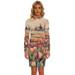 Tulips Field Tree Long Sleeve Shirt Collar Bodycon Dress