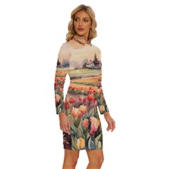 Long Sleeve Shirt Collar Bodycon Dress 