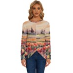 Tulips Field Tree Long Sleeve Crew Neck Pullover Top