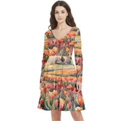 Long Sleeve V-neck skater dress with Pockets 