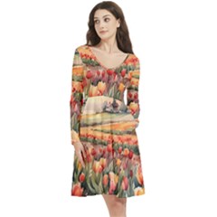 Long Sleeve V-neck skater dress with Pockets 