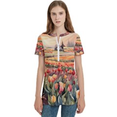 Women s Zip Front V-Neck Short Sleeve Casual Top Pocket Shirt 