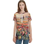 Tulips Field Tree Women s Zip Front V-Neck Short Sleeve Casual Top Pocket Shirt