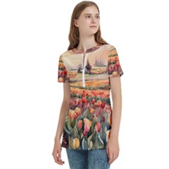 Women s Zip Front V-Neck Short Sleeve Casual Top Pocket Shirt 