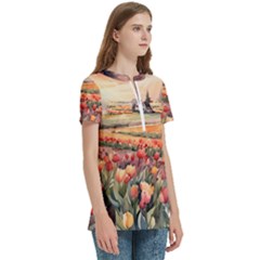 Women s Zip Front V-Neck Short Sleeve Casual Top Pocket Shirt 