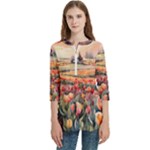 Tulips Field Tree Women s Zip Front V-Neck 3/4 Sleeve Casual Top Pocket Shirt