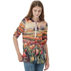 Women s Zip Front V-Neck 3/4 Sleeve Casual Top Pocket Shirt 