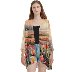 Open Front 3/4 Sleeve Batwing Chiffon Cardigan Kimono 