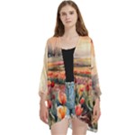 Tulips Field Tree Open Front 3/4 Sleeve Batwing Chiffon Cardigan Kimono